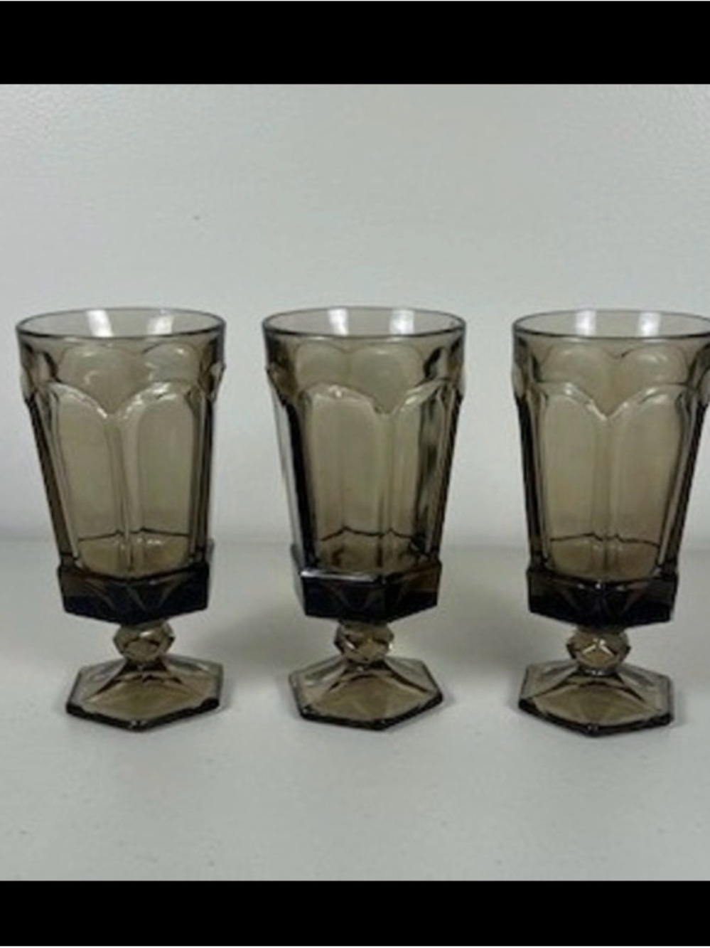 Fostoria Vintage‎ Smoky Brown Ice Tea Goblets Hexagonal Footed Set of 3 MCM 7 in
